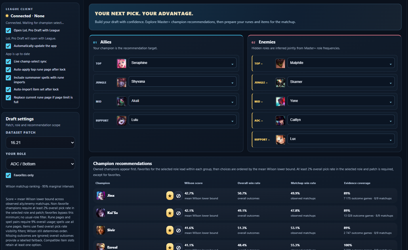 LoL Pro Draft interface: allied and enemy picks, ADC role selection and champion recommendations.